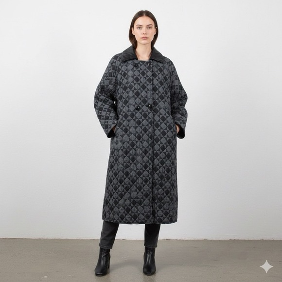 The Unbranded Brand Jackets & Blazers - Vintage‎ Quilted Long Wool Coat 2X/3X Made In Italy Black Gray Tumbling Block